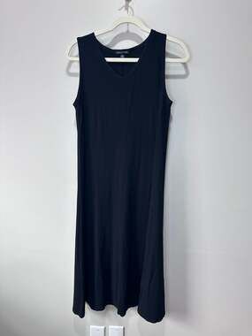Eileen Fisher Black Sleeveless V-Neck Viscose Jersey Midi Dress Size SP